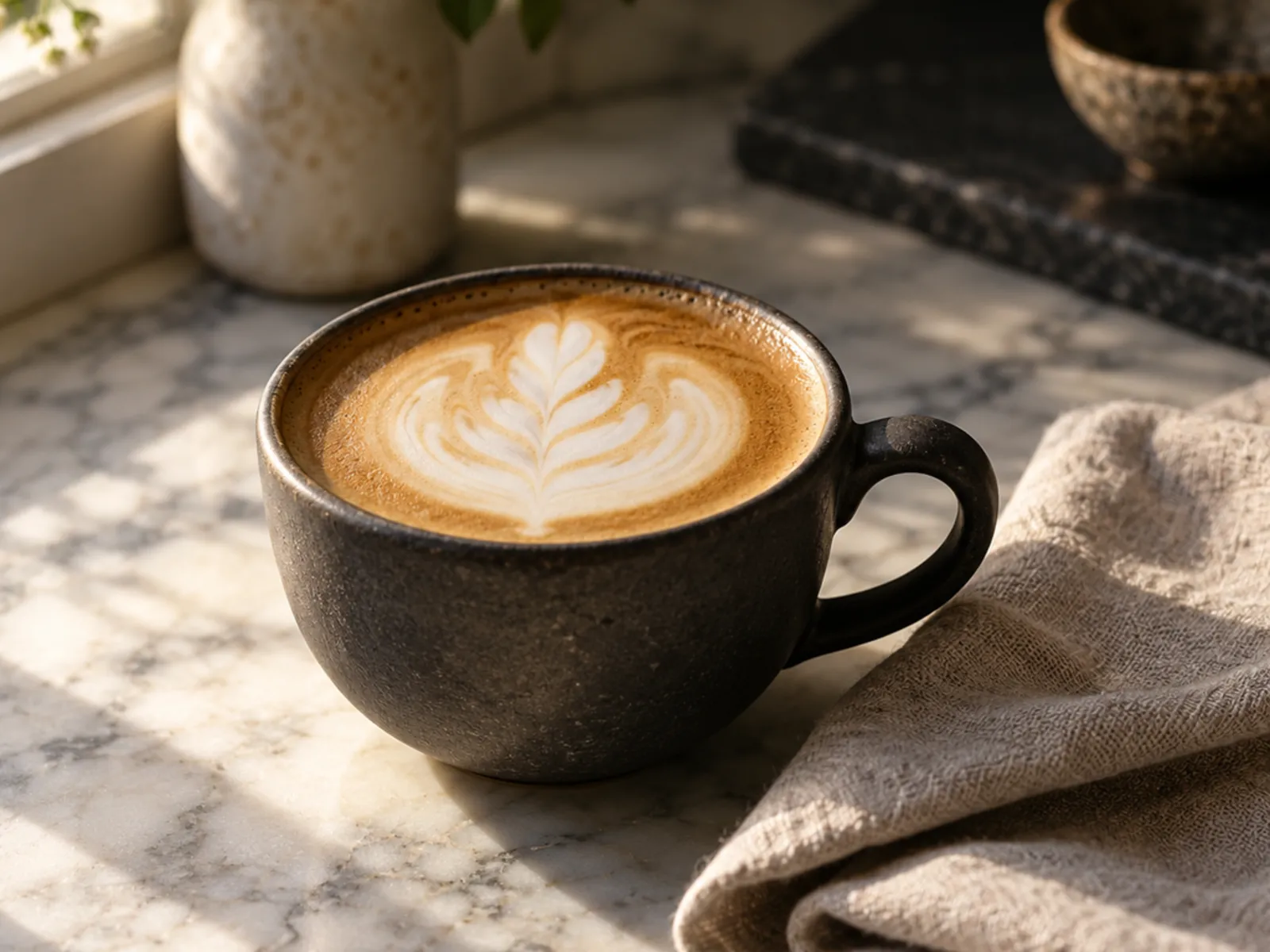 Flat white and pastries on the marble counter