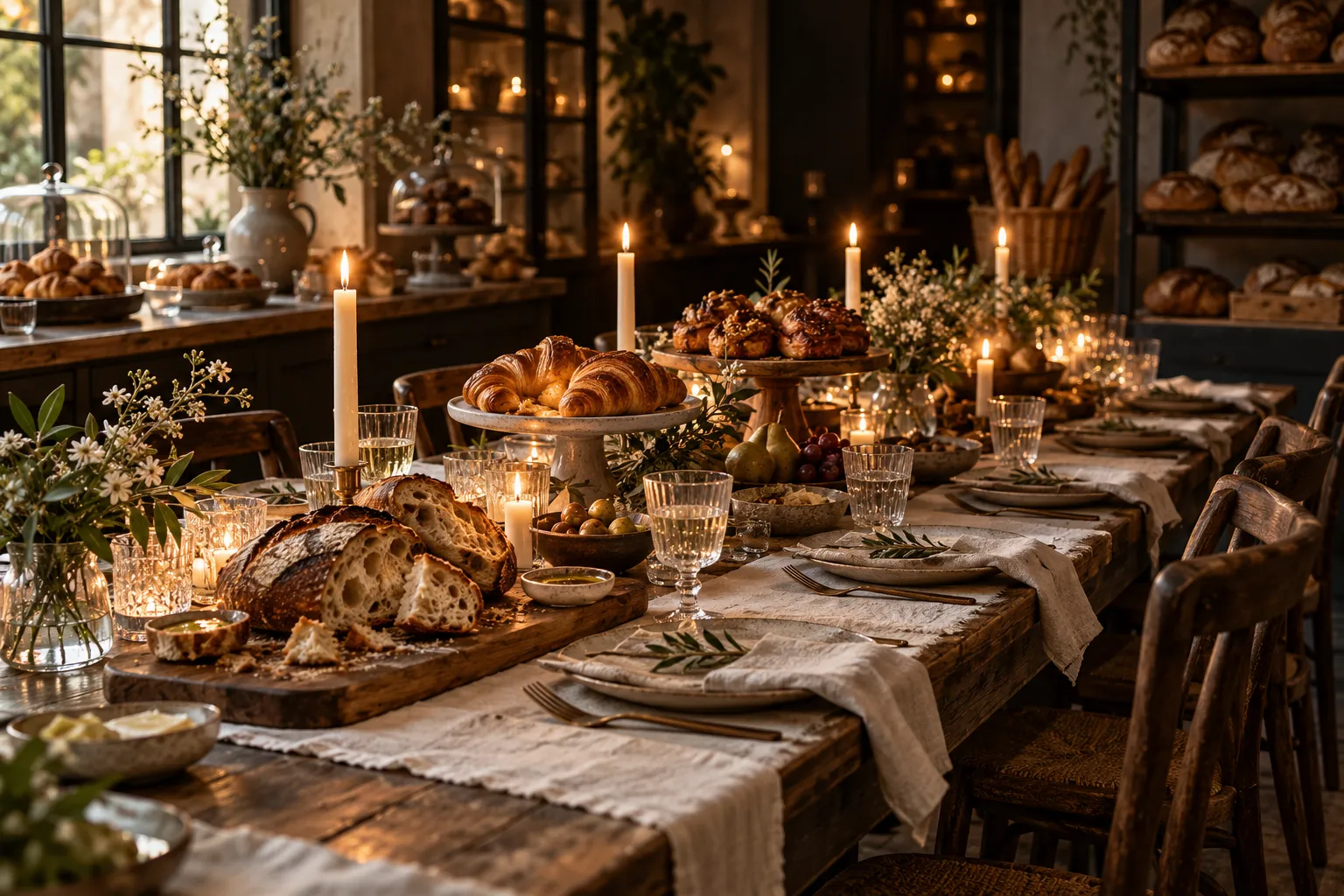 A long candlelit table set with bread boards and pastries inside the bakery