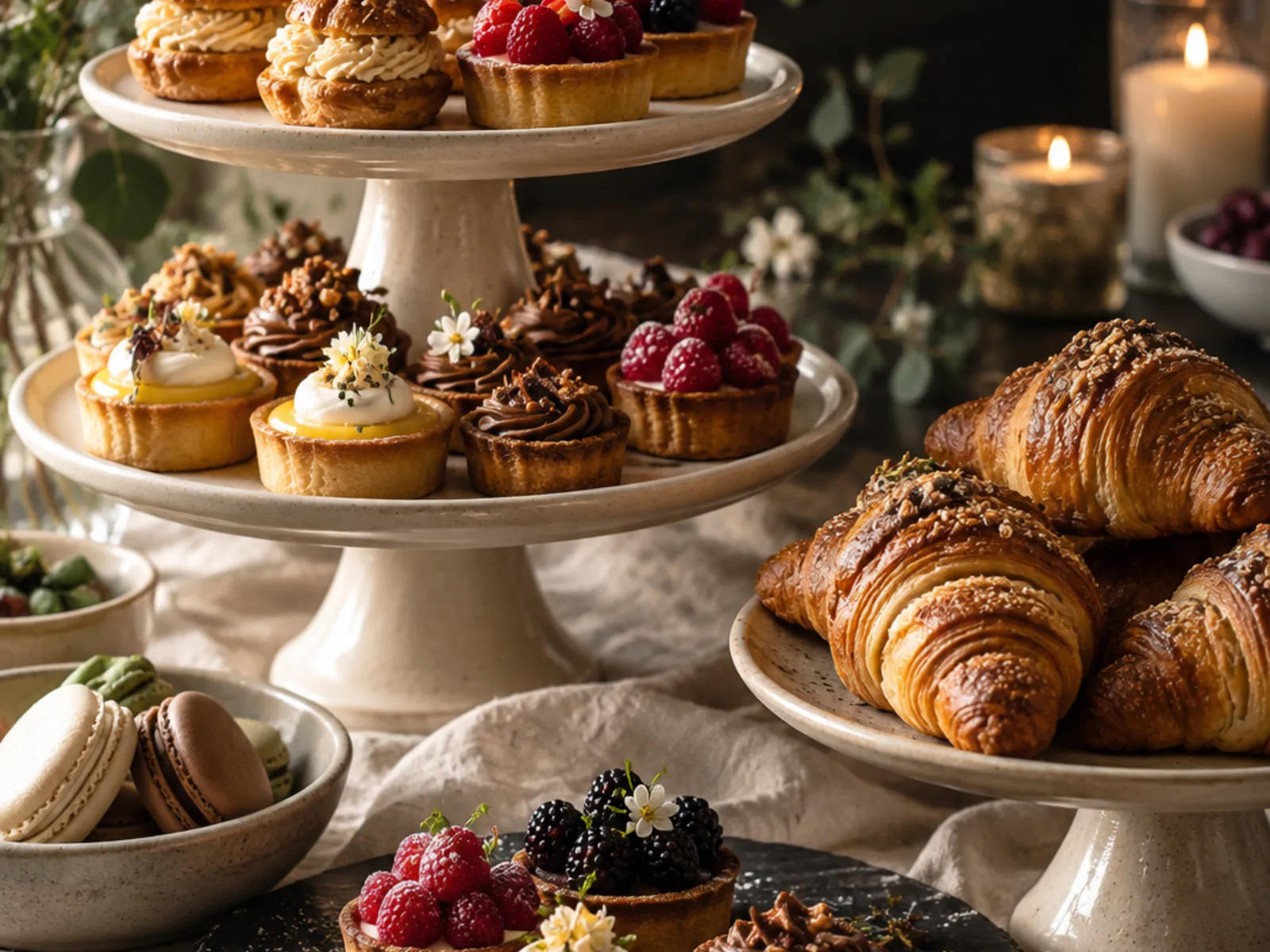 Tiered stands of tarts and croissants by candlelight