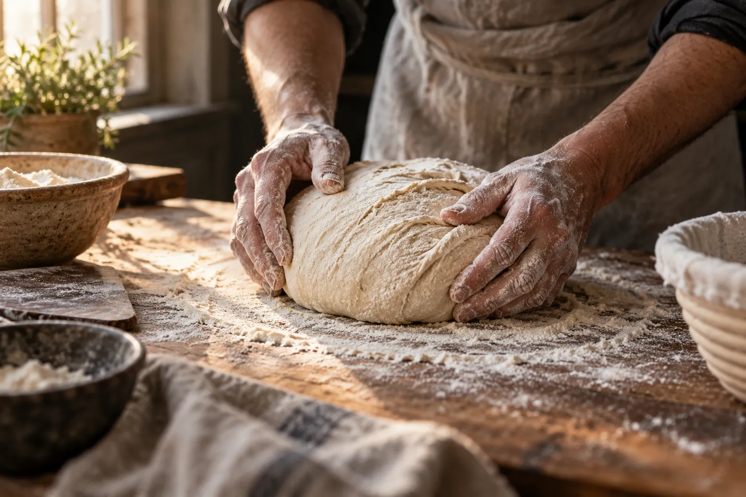 A baker's floured hands shaping sourdough on a wooden bench
