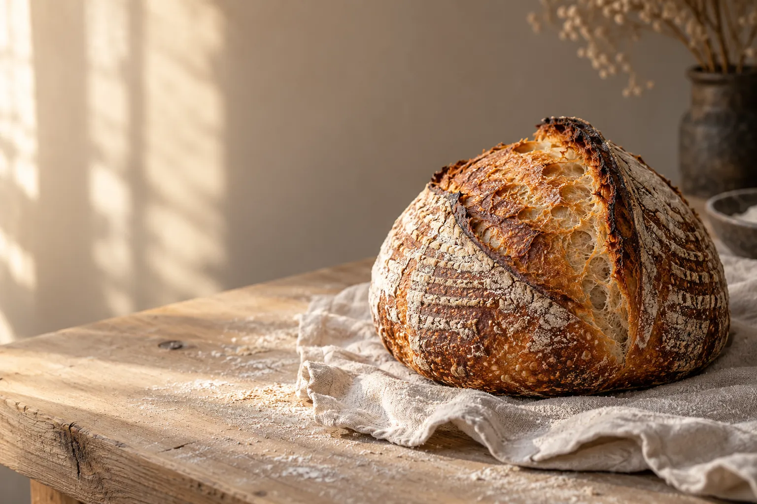 A blistered sourdough loaf on the bakery bench at dawn