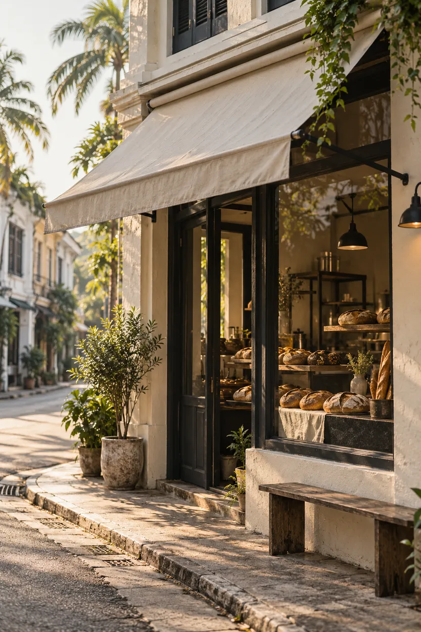 The cream-painted corner bakery on a quiet shophouse street
