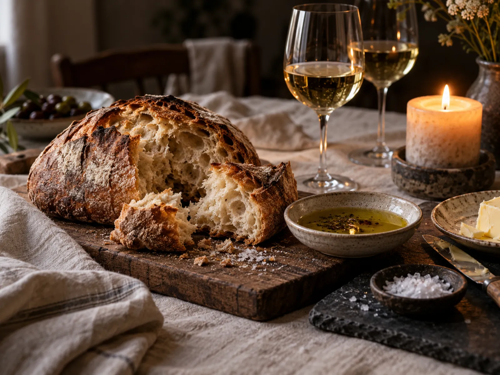 Torn sourdough, butter and candlelight on the supper table